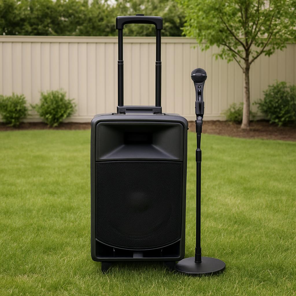 speaker is placed on roller wheels for easy movement, appears to be on a grassy area like in a back yard or field. Luttr s...
